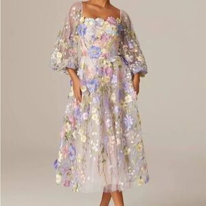 Pastel Floral Midi Dress with Sheer Sleeves
